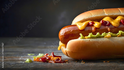 A hot dog that is used for advertising, and which is literally perfectly made. photo