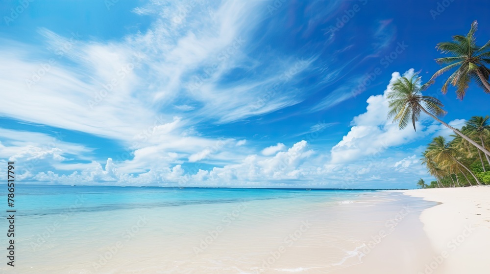 Beach with Palm Trees, Blue Sky, and White Clouds, Summer Vacation Paradise Landscape Wallpaper Background
