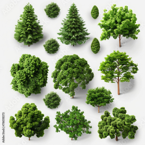 Collection of 3d cartoon clipart green trees isolated on white and transparent background (Generative Ai)