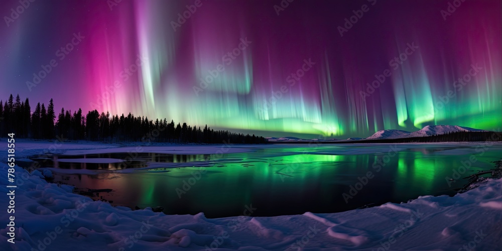 Aurora borealis illuminating the night sky above snowy mountains.
