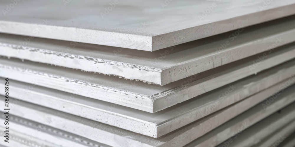 Close-up of a stack of white drywall sheets. Background for a building goods store. Finishing material for leveling walls. Close-up of a stack of white drywall sheets. Background for a building goods store. Finishing material for leveling walls.