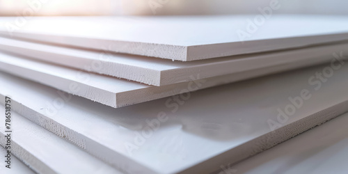 Close-up of a stack of white drywall sheets. Background for a building goods store. Finishing material for leveling walls.