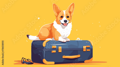 A corgi sits on suitcases on a yellow background