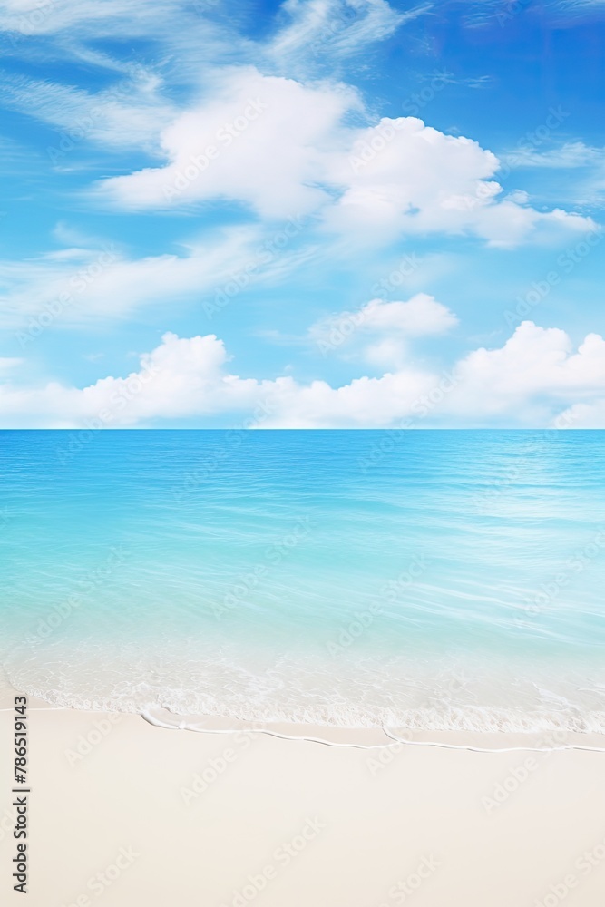 Beautiful Tropical Sea Beach with Blue Sky, White Clouds, and Reflection Summer Vacation Paradise Travel Landscape Wallpaper Background