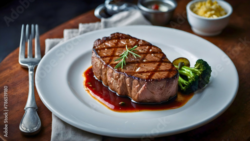 A beautiful juicy and thick steak, on a plate with side dishes, a very good meal but also expensive.