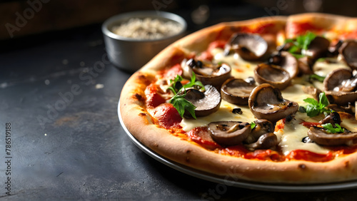 Pizza with mushroom mozzarella cheese and tomato sauce on black background. Generative AI