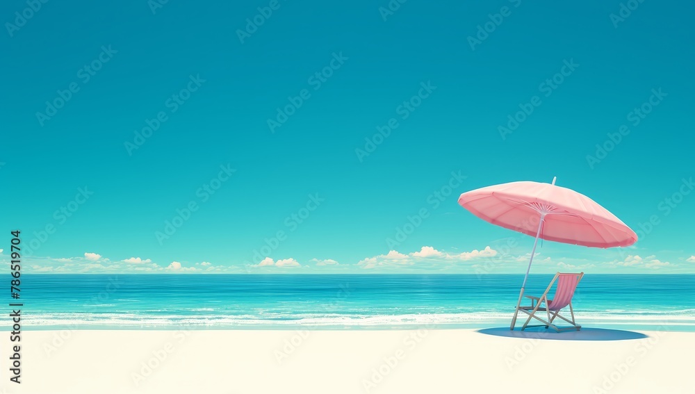 Pastel pink beach umbrella and chair on white sand at the sea side with copy space for summer vacation concept.