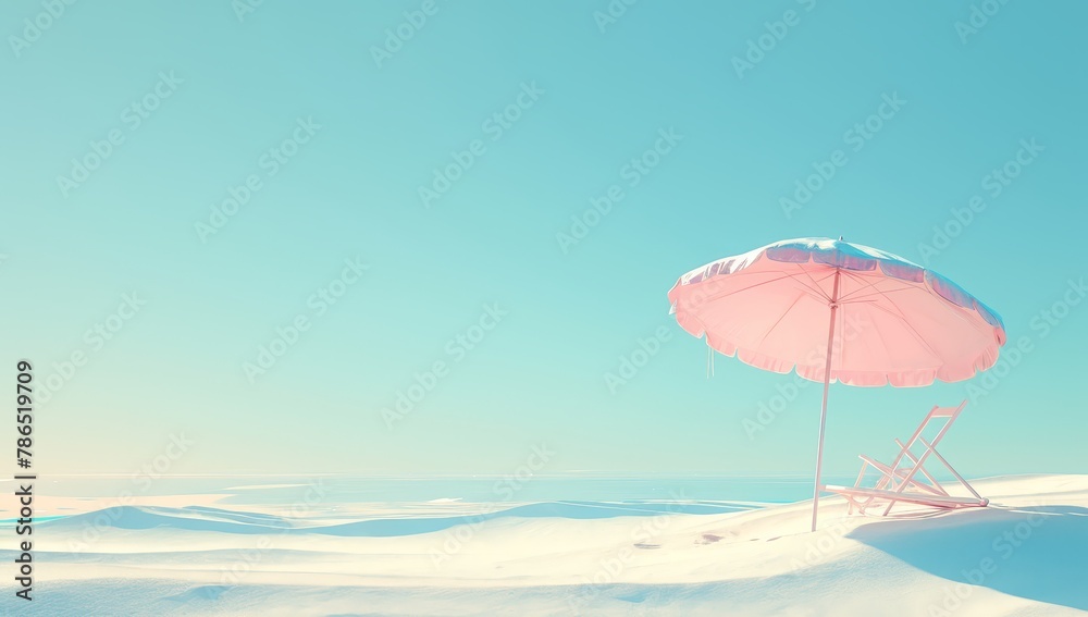 Pastel pink beach umbrella and chair on white sand at the sea shore with copy space for summer vacation concept, banner design.