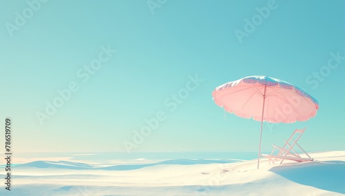 Pastel pink beach umbrella and chair on white sand at the sea shore with copy space for summer vacation concept  banner design.
