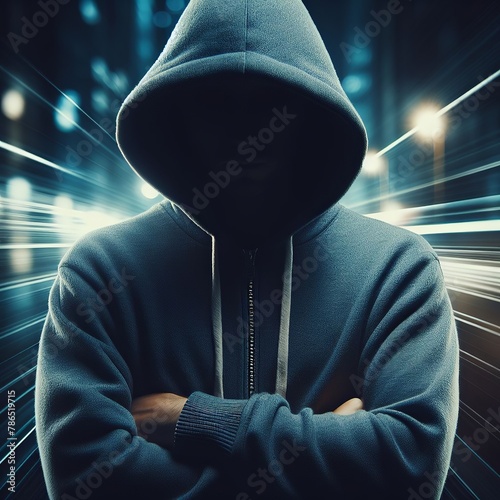 Person in a hooded sweatshirt, anonymous with face hidden, arms crossed, dark and blurred background with horizontal lines, in cold tones of dark blue and black, Generative Ai.