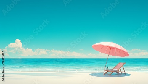 Pastel pink beach umbrella and chair on white sand at the sea side with copy space for summer vacation concept. © Photo And Art Panda