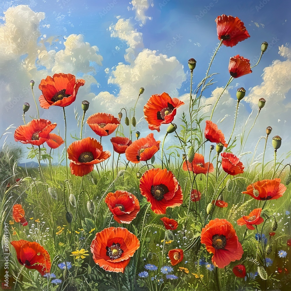 Obraz premium poppy flowers in summer, In remember of military veteran and Happy memorial day Celebration