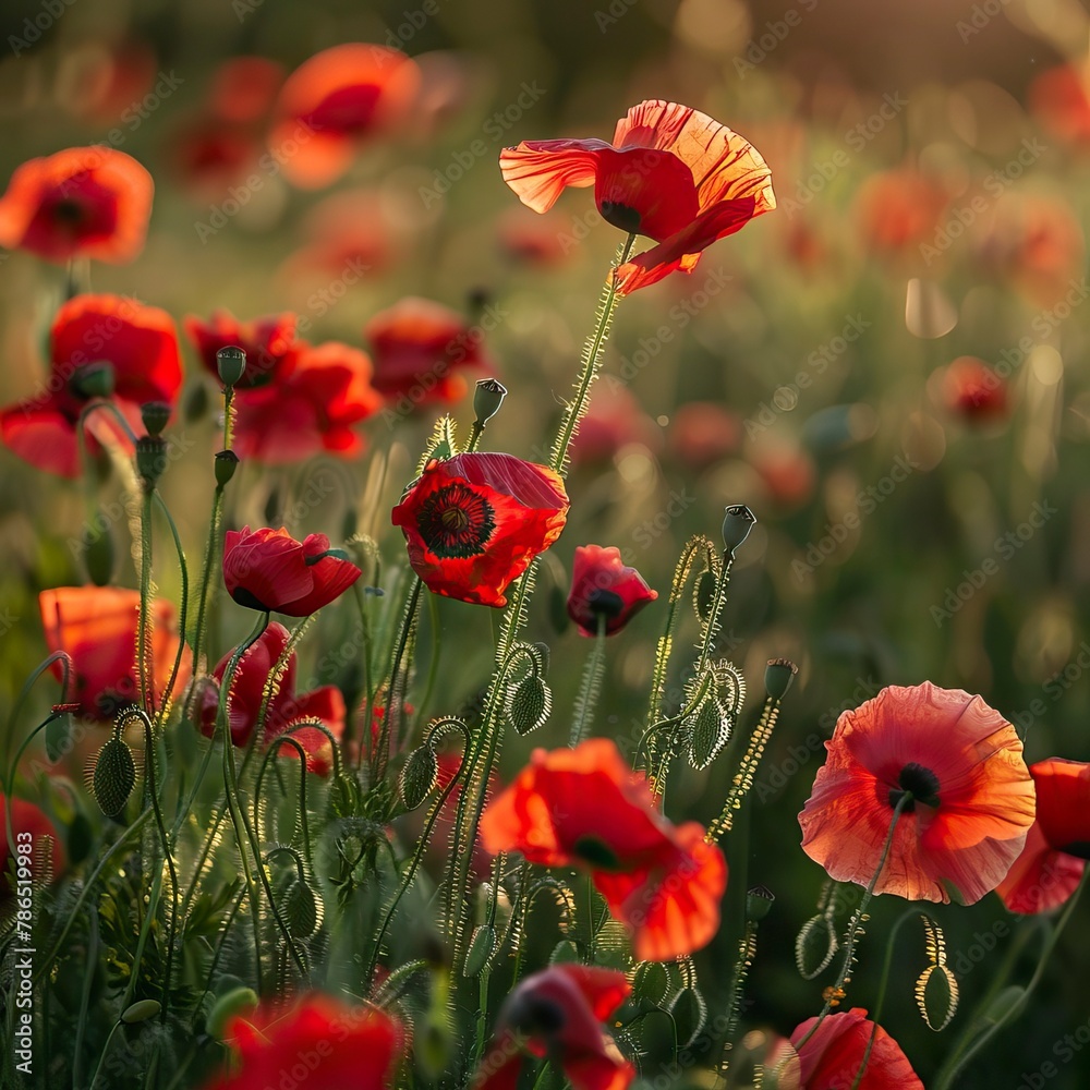 Fototapeta premium poppy flowers in summer, In remember of military veteran and Happy memorial day Celebration 