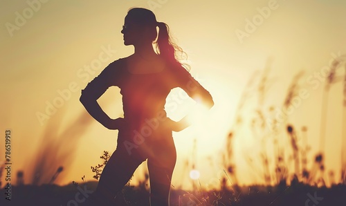 photo capturing the silhouette of a strong and confident woman against a background of sunlight, symbolizing victory and life goals. photo