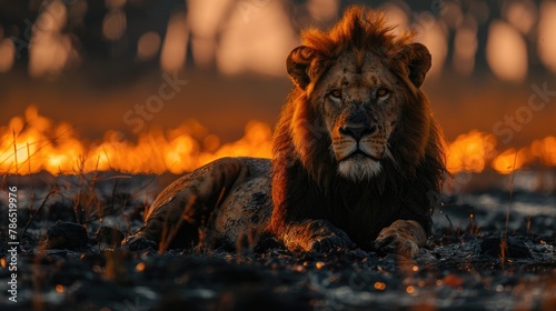 Africa Lion Male - Lion Fire Burned Destroyed Savannah. Lion Sitting in the Black Ash and cinders in Botswana. Hot Season in Africa - Generative AI