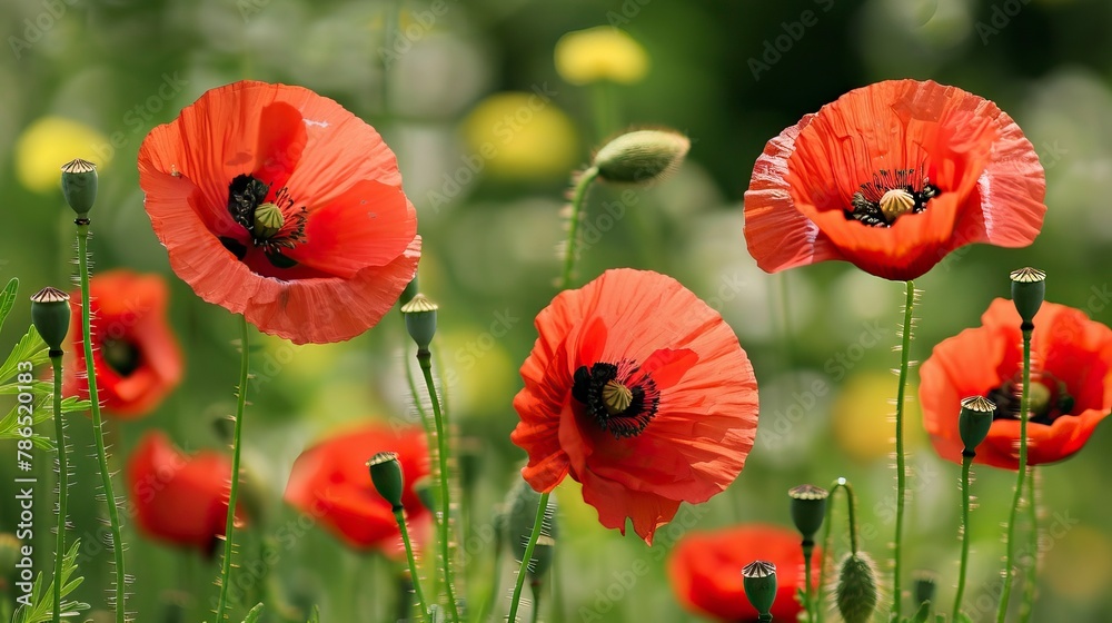 Obraz premium poppy flowers in summer, In remember of military veteran and Happy memorial day Celebration 