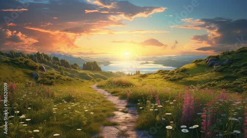Beautiful sunrise or sunset over the green meadow mountains, valley, blue sky, sun rays, with spring flowers. peaceful, tranquil morning landscape countryside background