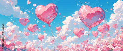 A background of pink heart-shaped balloons floating in the sky, surrounded by fluffy clouds. 