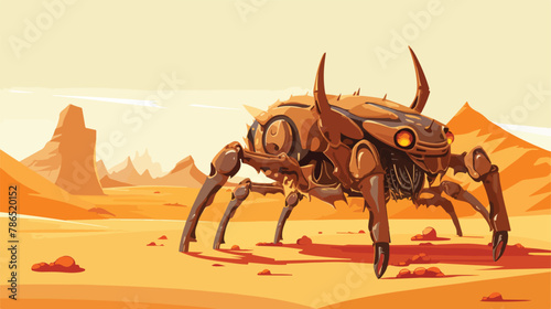 A desert landscape with giant mechanical scorpions fl