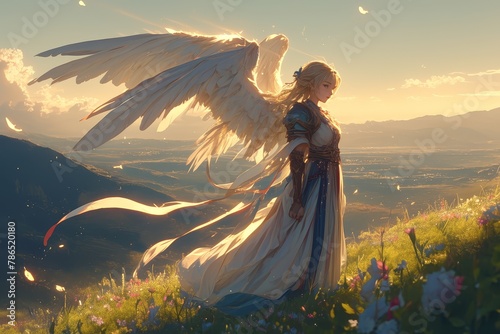 A beautiful angel with large feathered wings stands at the top of a mountain. She has blonde hair and is wearing an elegant white dress. 