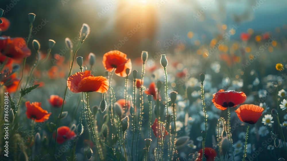 Obraz premium poppy flowers in summer, In remember of military veteran and Happy memorial day Celebration 