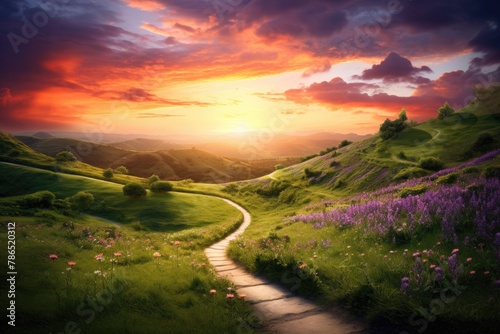 Beautiful sunrise or sunset over the green meadow mountains, valley, blue sky, sun rays, with spring flowers. peaceful, tranquil morning landscape countryside background