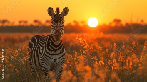 Africa Orange Zebra Sunrise. Bloom Flower Grass With Morning Back-light on the Meadow Field with Zebra - Generative AI photo