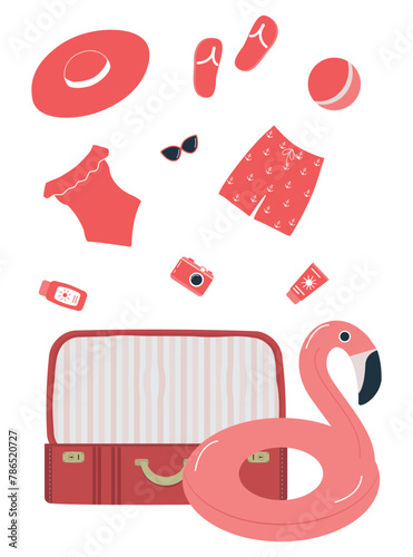Beach accessories falling into red suitcase. Red swimsuit, swimming trunks, hat, sunglasses, flip flops, sunscreen, camera, flamingo swimming ring. Packing suitcase for summer vacation. Hello Summer