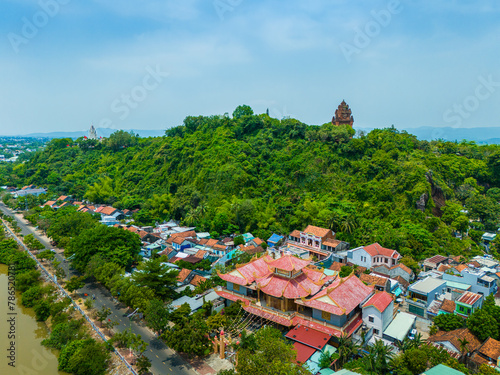 Aerial view of Nhan temple, tower is an artistic architectural work of Champa people in Tuy Hoa city, Phu Yen province, Vietnam photo