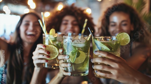 Multiracial friends enjoying happy hour toasting fresh mojito cocktails at open bar - Happy young women and men celebrating summer party together 