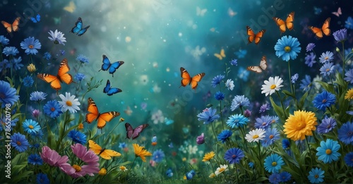 Vibrant spring garden backdrop featuring flowers, butterflies, and blossoms in blue hues, ideal for seasonal banners and nature-themed designs © Hashim
