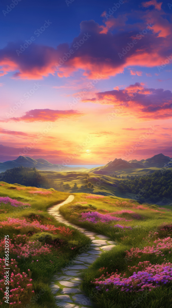 Beautiful sunrise or sunset over the green meadow mountains, valley, blue sky, sun rays, with spring flowers. peaceful, tranquil morning landscape countryside background