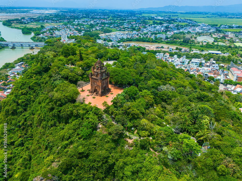 Aerial view of Nhan temple, tower is an artistic architectural work of Champa people in Tuy Hoa city, Phu Yen province, Vietnam