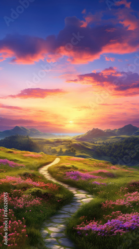 Beautiful sunrise or sunset over the green meadow mountains, valley, blue sky, sun rays, with spring flowers. peaceful, tranquil morning landscape countryside background