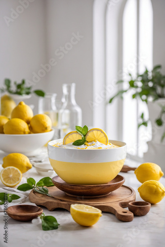 Yogurt with fresh lemons in a bowl