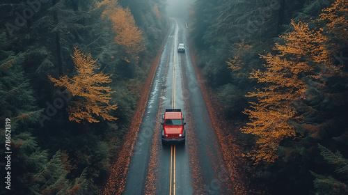 A red truck is driving down a road with trees in the background