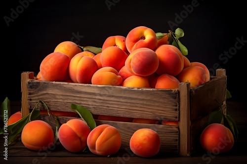 Apricots in wooden crate. Fresh Apricots
