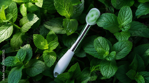 An ultra-realistic image of a derma roller lying on a bed of fresh mint leaves, emphasizing the natural and refreshing aspect of skin care routines. photo