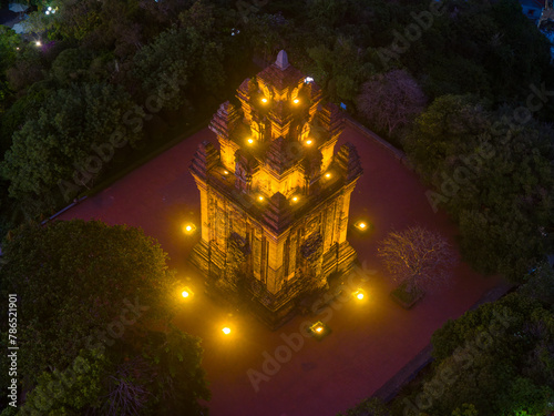 Aerial view of Nhan temple, tower is an artistic architectural work of Champa people in Tuy Hoa city, Phu Yen province, Vietnam photo