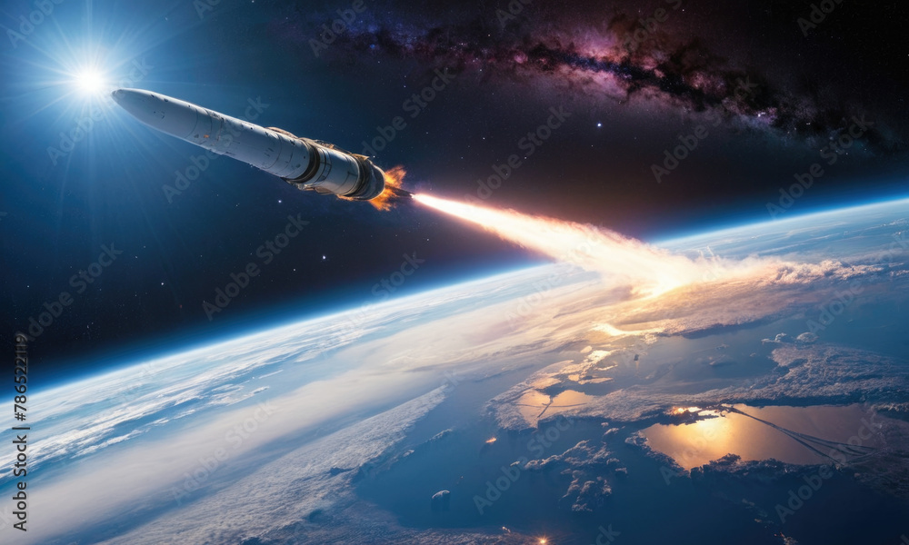 Obraz premium Rocket launch from the Earth planet through the clouds with a bright glow of the engine on the orbit and a bright blue nebula galaxy. 