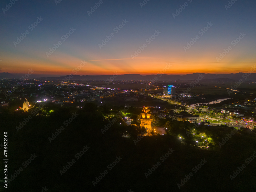 Aerial view of Nhan temple, tower is an artistic architectural work of Champa people in Tuy Hoa city, Phu Yen province, Vietnam. Sunset view.