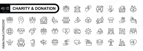 Charity and Donation icon set. Help, volunteer, donated, assistance, sharing and solidarity symbol. Editable stroke.