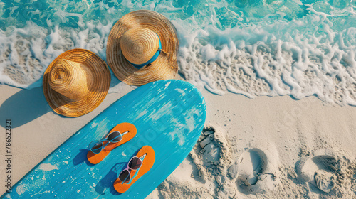 view from above of surfer enjoying afternoon surfing  session on the beach with hat, long board, and sandals  photo