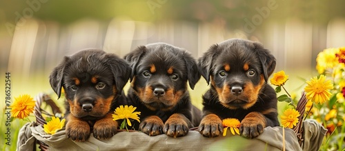 cute Rottweiler puppies among flowers. close up -