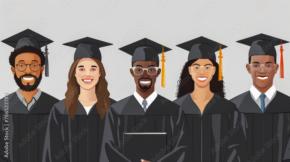Group of different multiethnic graduates in black caps and gowns with diplomas. University students on a gray background. Flat illustration. Copy space. Group of different multiethnic graduates in black caps and gowns with diplomas. University students on a gray background. Flat illustration. Copy space.