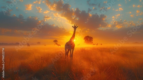  Giraffe and Morning Sunrise. Green Vegetation With Animal Portrait. Orange Light in the Forest - Generative AI