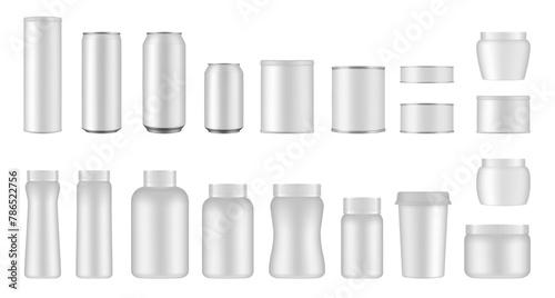 Set of white tin cans and jars. Coffee or tea canister. Tin can for preserves or pet food. Beer, cocktail or soda can. Chips tube. Cookie jar. Round box for sugar or flour photo