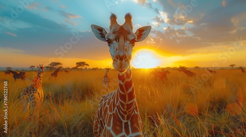  Giraffe and Morning Sunrise. Green Vegetation With Animal Portrait. Orange Light in the Forest - Generative AI photo