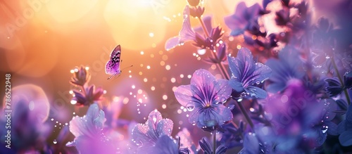delicate violet flowers in drops of dew and butterflies against the background of sunrise 