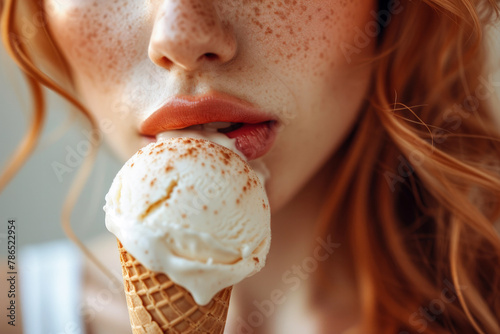 Cute girl with freckles is eating white melting ice cream in waffle cone. Sweet treat, pleasure of eating. Close-up on beautiful pink lips.